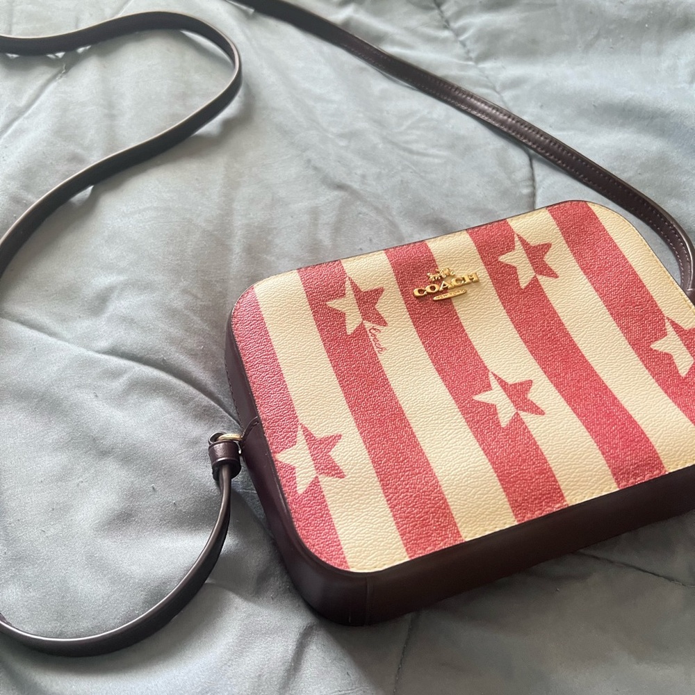 Coach New York Red and White with Stars Crossbody Camera Bag with Bold Stripes